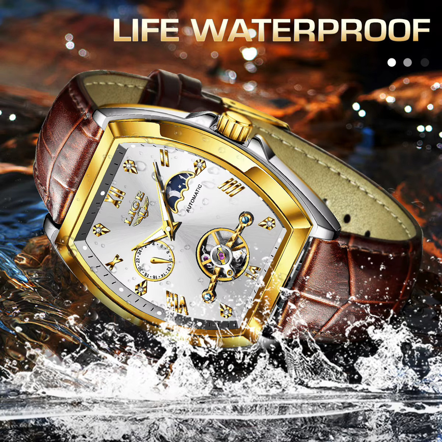 LIGE Armbanduhr Automatik, Tonneau, Edelstahl, Leder, Gold, Herren - Bild 2