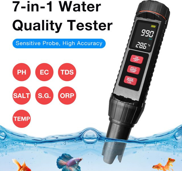 JUANJUAN 7 in 1 Digitales Wasserqualitätstester Messgerät für PH/ORP/EC/TEMP/SALT/S.G/TDS in Schwarz - Bild 1