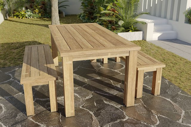 OUTFLEXX Garten-Essgruppe aus recyceltem Teakholz in Braun mit Tisch und 2 Bänken, Tisch B: 200 cm, T: 100 cm, Bänke B: 170 cm, T: 40 cm - Bild 1