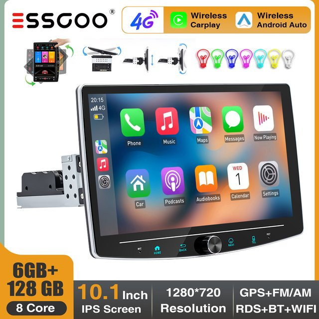 ESSGOO Android 14 Autoradio mit 10,1 Zoll drehbarem Display, 6GB RAM + 128GB Speicher, 1 DIN Stereo mit CarPlay, 4G LTE, GPS, WiFi und Knopfsteuerung in Schwarz - Bild 1
