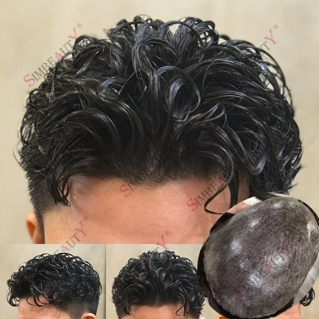 simbeauty Herren-Toupet, Dunkelbraun Grau Schwarz, Mikro-Haut-Prothese - Bild 1