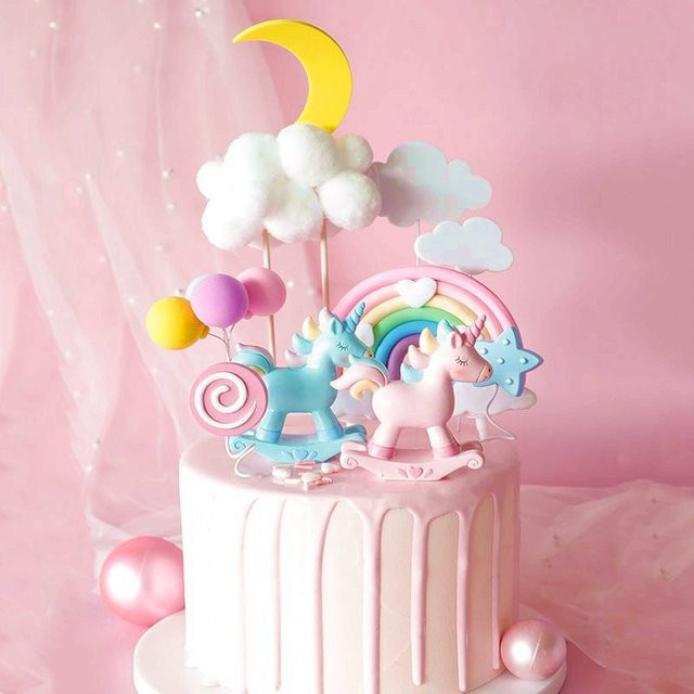 Einhorn Kuchen Topper in Rosa und Blau mit Regenbogen für Kindergeburtstage und Babypartys - Bild 1