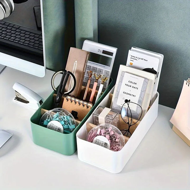 Aufbewahrungsbox aus Bambusholz und Kunststoff in Weiß, Rechteckige Organizerbox für Kosmetik oder Fernbedienungen im minimalistischen Design - Bild 3