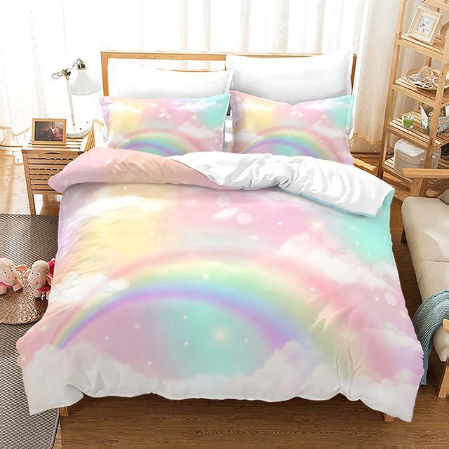 Bettwäsche-Set Binchi Fitness mit Regenbogen-Farbverlauf und Wolken-Print, buntes Design aus Mikrofaser, B/H: 135 x 200 cm - Bild 1