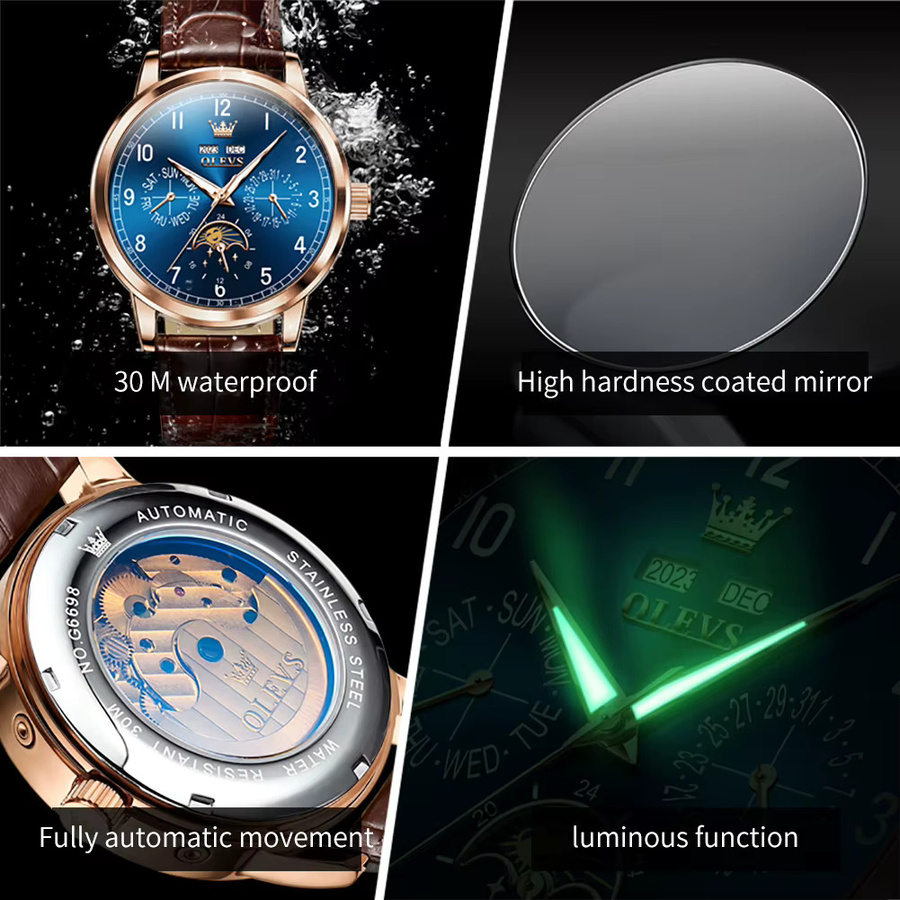 OLEVS Armbanduhr, Automatik, Mondphase, Leder, Blau, Herren - Bild 5