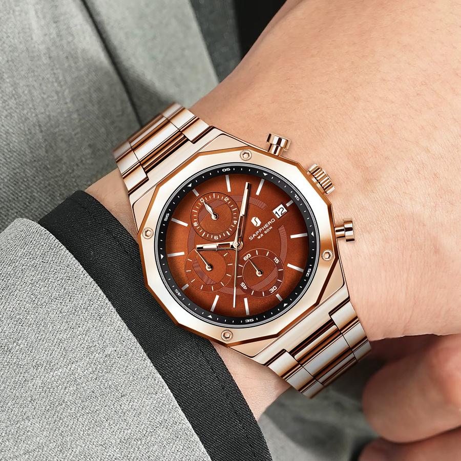 SAPHERO Chronograph, Quarz, Edelstahl, Schwarz, Roségold, Herren - Bild 4