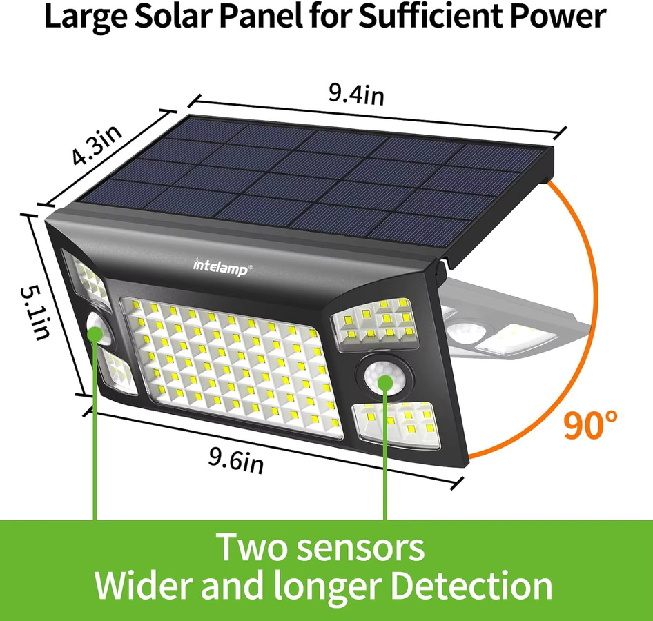 Intelamp Solarleuchte für den Außenbereich mit 1300LM, 4000mAh Akku, zwei 180° Bewegungssensoren und großem Solarpanel, Schwarz - Bild 5