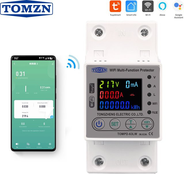 TOMZN WLAN Smart Energiezähler 63A kWh-Messgerät mit Spannungs-, Strom- und Leckageschutz in Weiß - Bild 1