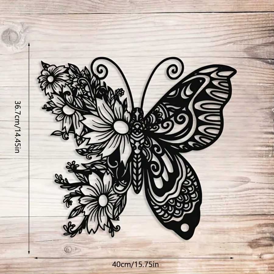 Gotische Wandkunst aus Metall von CIFBUY mit Schmetterlingen und Blumen in Schwarz-Weiß für Innen- und Außenbereiche - Bild 2