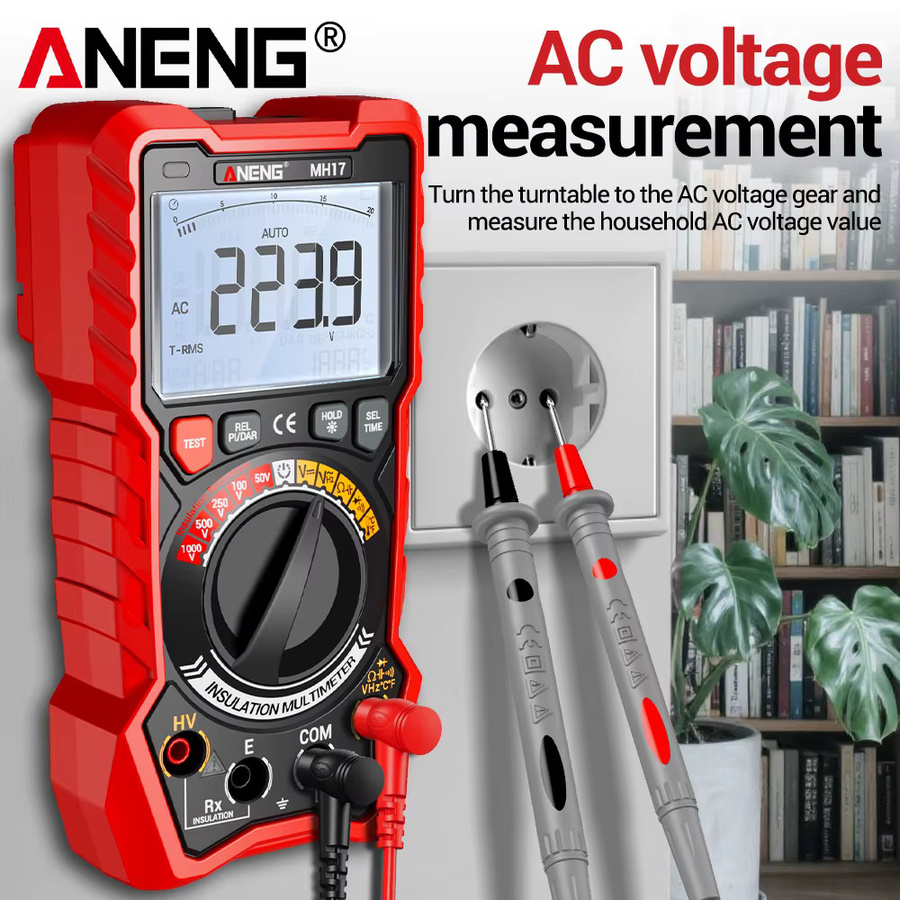 ANENG 2-in-1 Digitalmultimeter und Isolationswiderstandsmessgerät MH17 mit True RMS, wiederaufladbar, Rot - Bild 2
