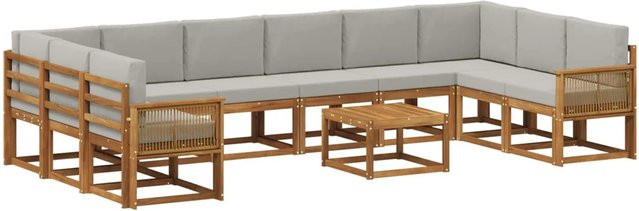 vidaXL Outdoor-Sofagarnitur aus Akazienholz in U-Form mit 11-teiligem Kissen-Set, Farben: Braun und Grau - Bild 1