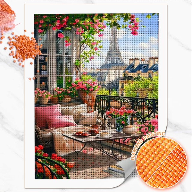 Huacan Diamant-Mosaik Set Landschaft mit Stadtgebäude und Balkon, Mehrfarbig, B/H: 30,0 x 20,0 cm - Bild 1