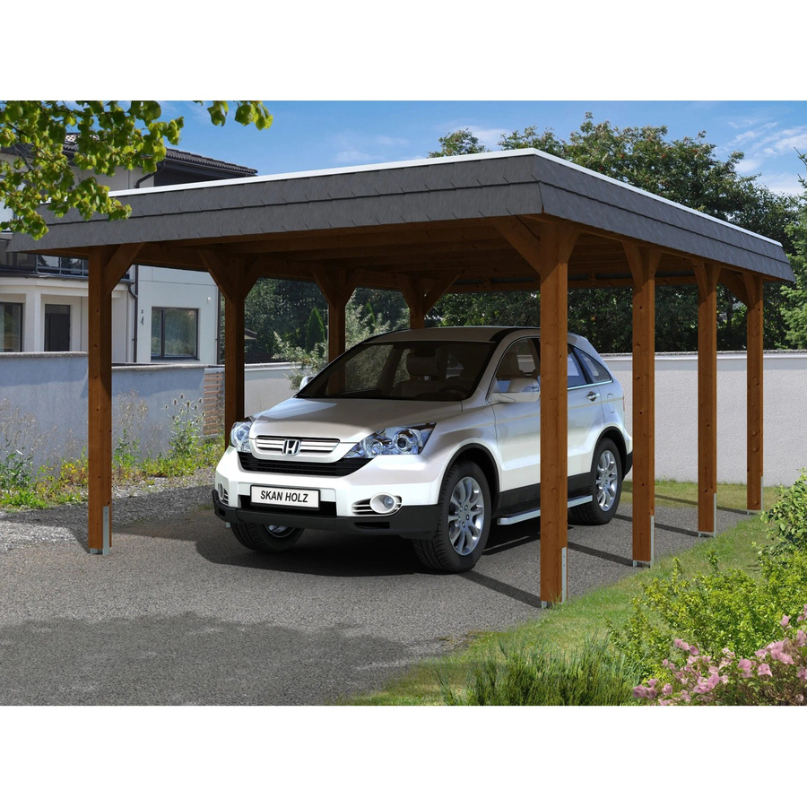Skan Holz Carport Spreewald aus Nadelholz in Nussbaum mit flacher Dachform und EPDM Dachbahn, Breite: 396 cm, Höhe: 244 cm - Bild 2