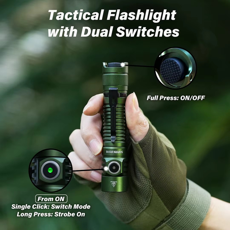 SOFIRN SP31 V3.0 Taktische LED-Taschenlampe mit Doppelschalter, USB-C, 18650 Wiederaufladbar, Leistungsanzeige, Schwarz - Bild 3
