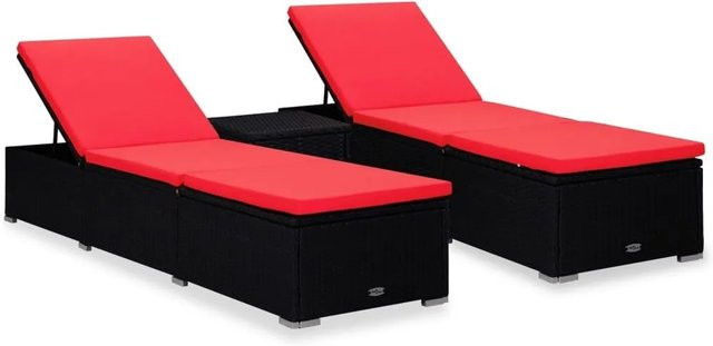 Furnicato 3-tlg Garten-Sonnenliegen Set mit Teetisch aus PE-Rattan in Schwarz mit UV-beständigen Polyester-Auflagen, B/T/H: 195 x 60 x 31 cm und 40 x 40 x 40 cm - Bild 1