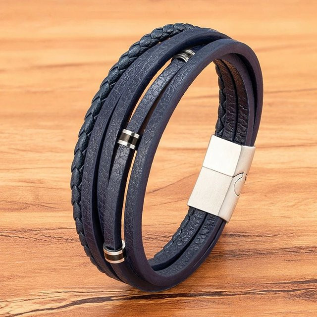 XQNI Armband Herren, Leder, Edelstahl, Schwarz - Bild 1