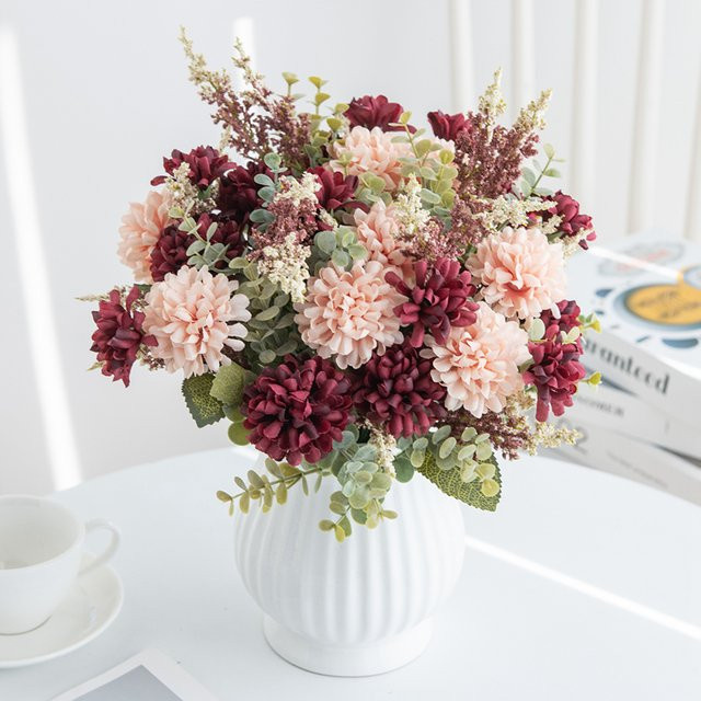 Künstliche Blumen Lavendel und Chrysantheme aus Seide in Rot und Mehrfarbig für deine Dekoration bei Hochzeiten oder als Tischgesteck - Bild 1
