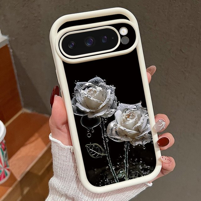 Stoßfeste TPU Schutzhülle mit Rosenblumen-Muster für Google Pixel 10, 9, 8, 7 Pro, 9A, 8A, 7A, XL in Schwarz - Bild 1