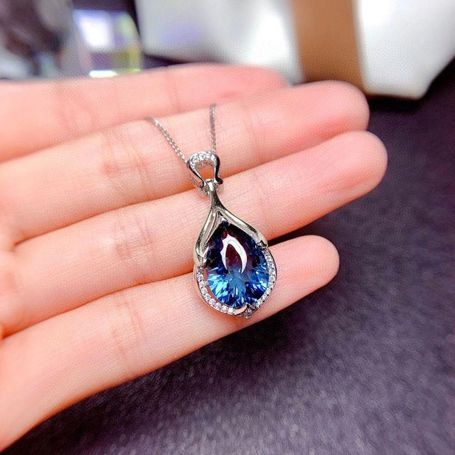 YYDS Jewelry Anhänger mit Tränenförmigem Tiefblauen Stein, Halo, Dünne Kette, Damen - Bild 1