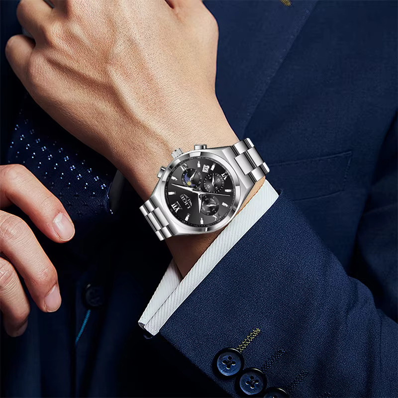 LIGE Armbanduhr Quarz, Edelstahl, Schwarz, Silber, Herren - Bild 6