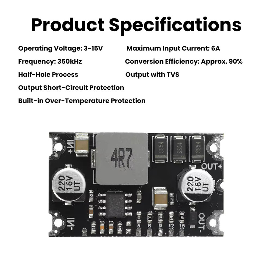 diymore Hochleistungs-DC-Boost-Modul 6A 350kHz DC 3-15V zu 5V 6V 9V 12V 15V in Schwarz mit Kurzschlussschutz und TVS-Ausgang - Bild 2