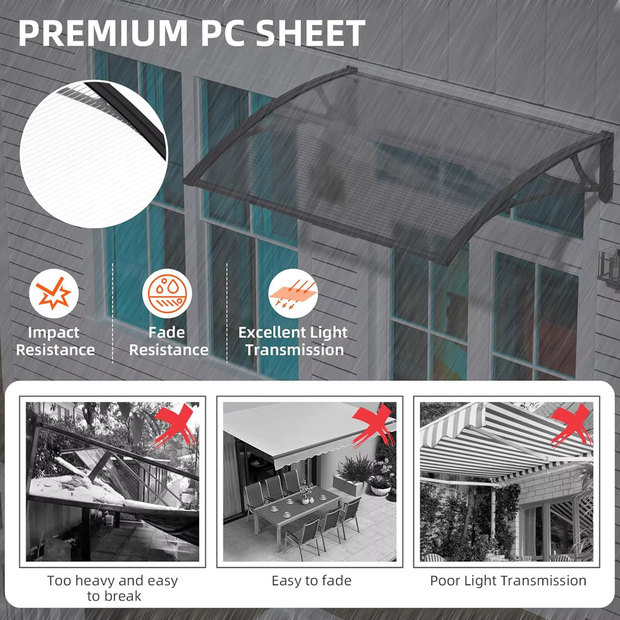 Wasserdichte DIY-Überdachung aus transparentem Polycarbonat für Tür, Fenster oder Terrasse, gebogene Pultdach-Markise - Bild 4