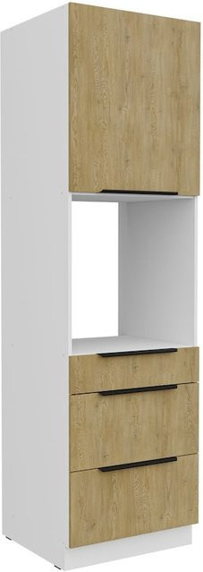 Küchen Hochschrank CREMONA in Eiche und Weiß mit 3 Schubkästen, einer Tür und einem offenen Fach, Breite: 60 cm - Bild 1