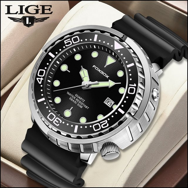 LIGE Armbanduhr Quarz, Edelstahl, Silikon, Schwarz, Orange, Herren - Bild 1