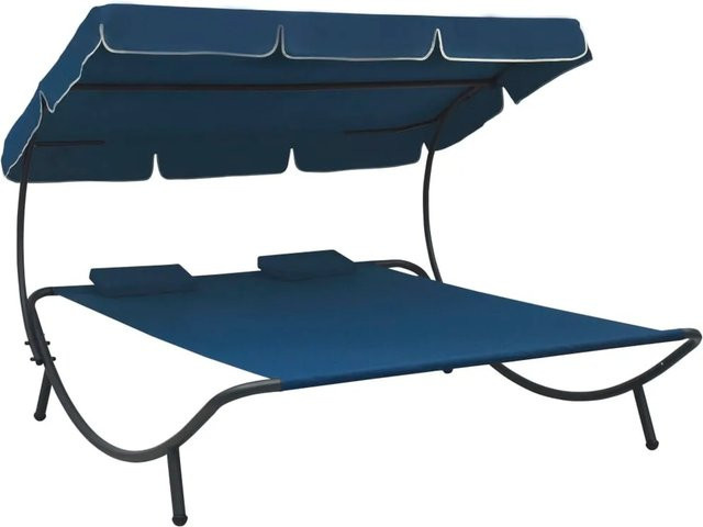 vidaXL Sonnenliege mit Sonnendach und Kissen in Blau aus pulverbeschichtetem Stahl und UV-beständigem Polyester, B/T/H: 200 x 145 x 135 cm - Bild 1