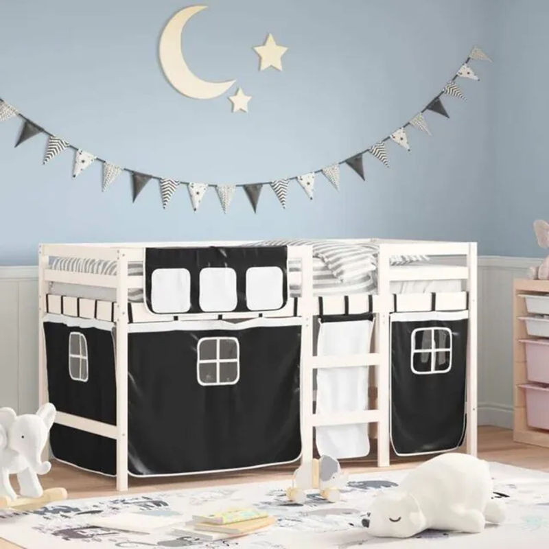 vidaxl Kinderhochbett aus Kiefernholz mit Vorhängen, Weiß/Schwarz, B/T/H: 190 x 90 x 113,5 cm - Bild 1
