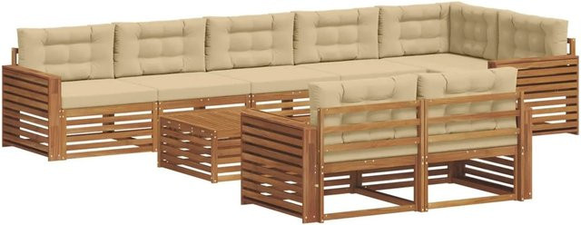 vidaXL Outdoor-Sofagarnitur 9-teilig in U-Form aus Akazienholz mit Kissen in Natur-Beige - Bild 1