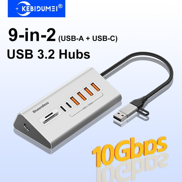 Kebidumei USB-C Dockingstation Aluminiumlegierung in Silber mit 8 bis 9 Ports und Kartenleser, USB 3.2 Hub mit 10 Gbit/s für PC und Laptop - Bild 1