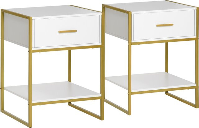 HOMCOM Nachttisch 2er Set in Weiß und Gold mit Schublade und offenem Regal, Beistelltisch aus Stahlrahmen für Schlafzimmer und Wohnzimmer, B/T/H: 45 x 40 x 60 cm - Bild 1