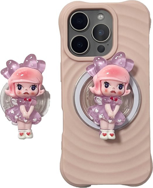 Niedriger 3D Griptok Handyhalter für iPhone in Rosa und Lila mit Puppen-Design - Bild 1