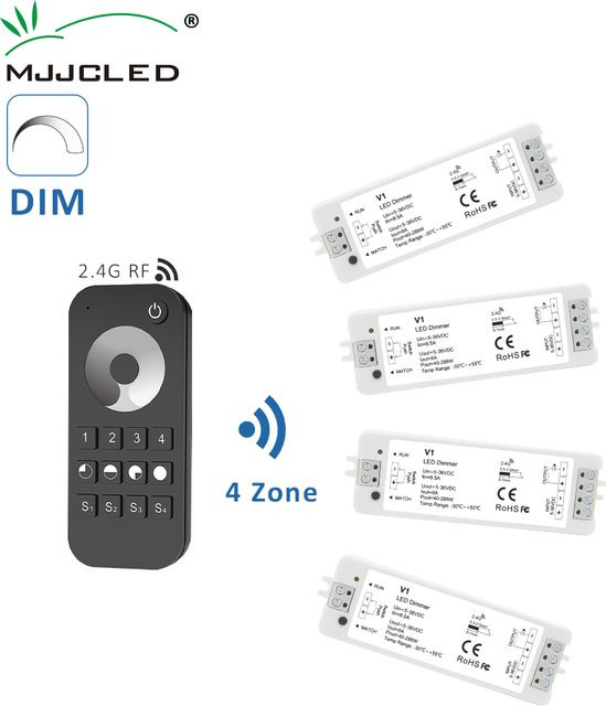 MJJCLED V1 LED-Dimmer RT6 Set für einfarbige LED-Streifen mit 2,4 G RF-Fernbedienung und Druckschalter, 4 Zonen, 12 V / 24 V / 36 V, Weiß - Bild 1