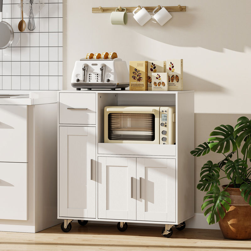 HOMCOM Küchenbeistellschrank auf Rollen in Weiß, Sideboard für Mikrowelle mit ausziehbarer Ablage, Schublade, 3 Türen und Kabeldurchlass, B/T/H: 80 x 40 x 88,7 cm - Bild 2