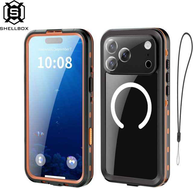 Shellbox Professionelle Wasserdichte Handyhülle für iPhone 17 Pro, 16, 15, 14, 13 - 360° Vollschutz Stoßfest Staubdicht IP68 in Schwarz oder Blau - Bild 1