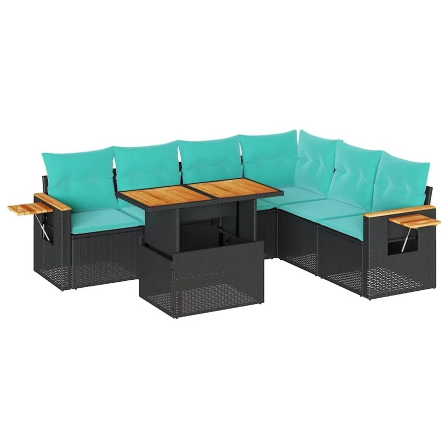vidaXL 7-teilige Garten-Sofagarnitur aus Polyrattan in Schwarz mit Kissen und Couchtisch - Bild 2