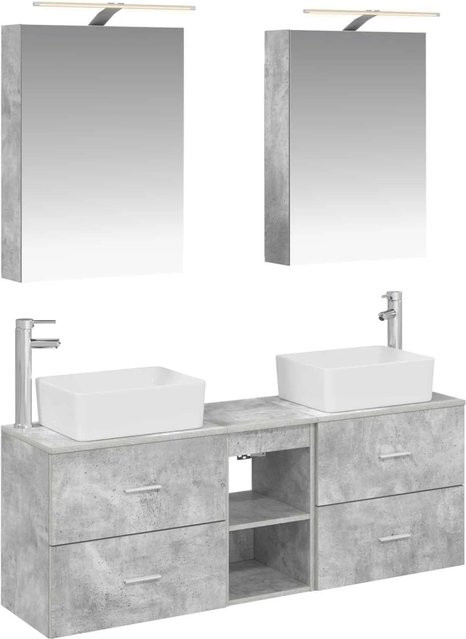 vidaXL Badezimmermöbel-Set 5-teilig in Betongrau mit Waschtischunterschrank, Spiegelschrank und LED-Beleuchtung aus Ingenieurholz und Glas - Bild 1