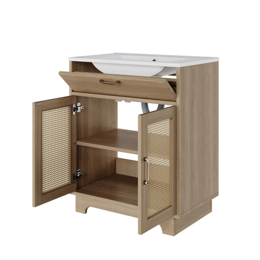 PXloue Waschtisch mit Keramikbecken in Rattan Optik, Badmöbel in Natur Braun, B/T/H: 76 x 46 x 88 cm - Bild 2