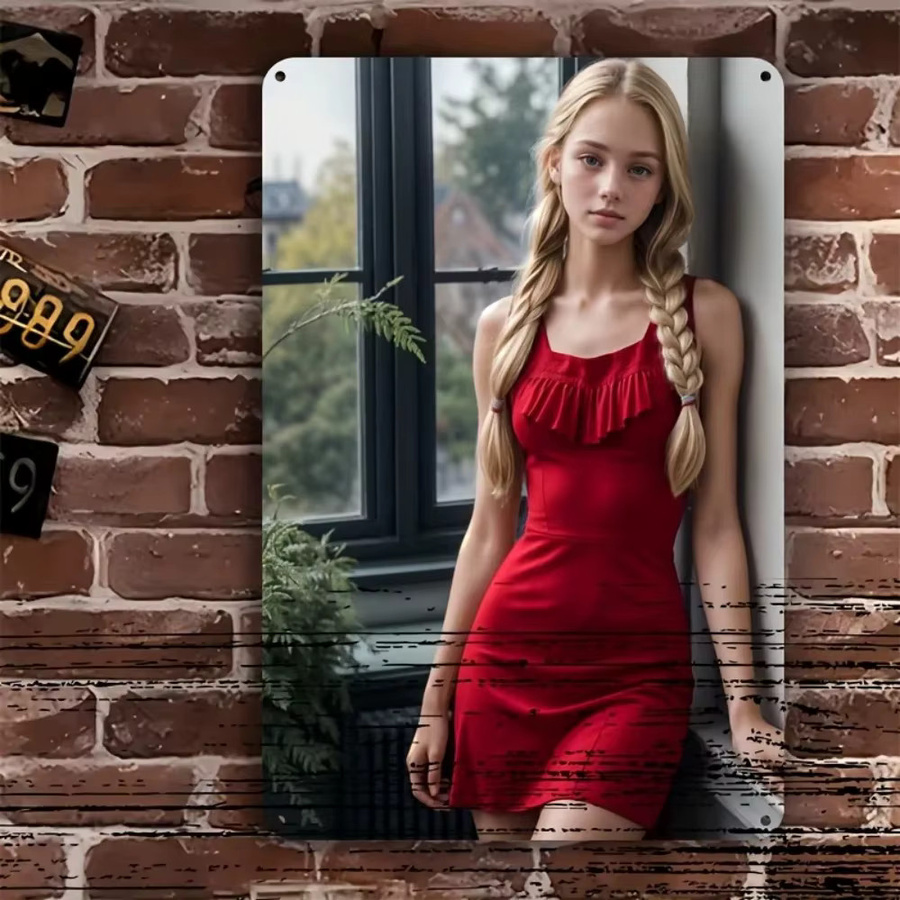 HELLOYOUNG Vintage Aluminium Blechschild Blondes Mädchen im roten Kleid Wandkunst für Wohnzimmer und Schlafzimmer, Breite: 20,32 cm, Höhe: 30,48 cm - Bild 2