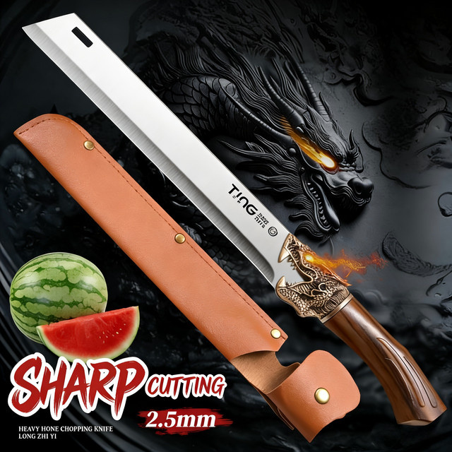 PLYS Wassermelonenmesser Cleaver aus Edelstahl mit Drachenkopf-Design und verlängertem Griff in Silber - Bild 1