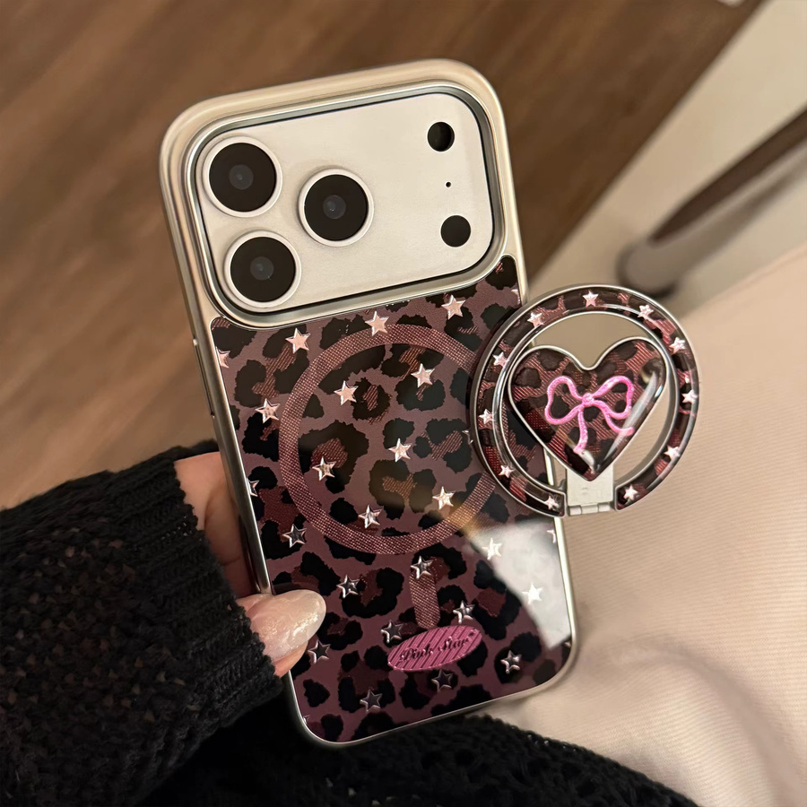 Apple iPhone Handyhülle mit koreanischem Leopardenmuster, Sternen und Falt-Herz-Design, stoßfeste Hartschale, multicolor, kompatibel mit iPhone 17 16 15 14 13 12 Pro Max - Bild 4