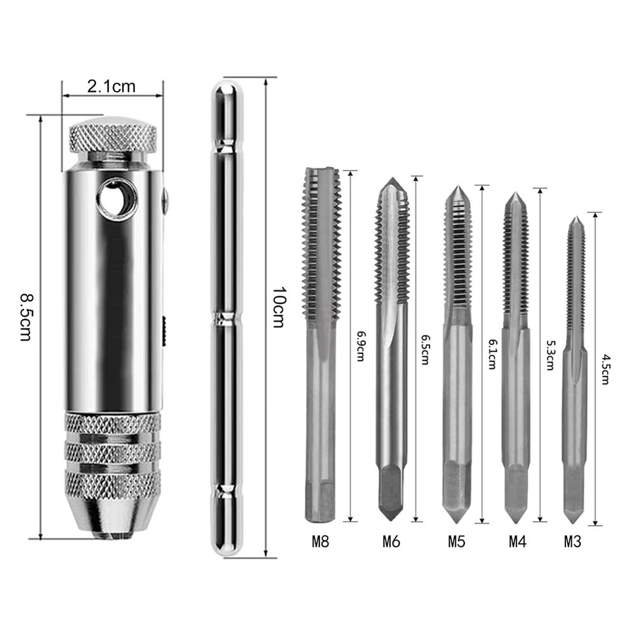 JUSTINLAU T-Gewindebohrer Set mit verstellbarem Griff in Silber für M3-M8 Maschinengewinde - Bild 3