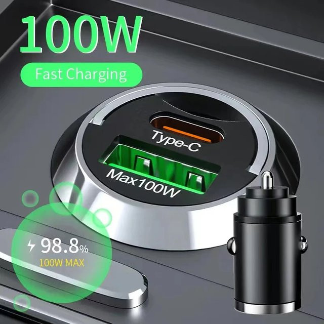 100W USB Auto Ladegerät mit Dual Ports und QC 3.0 sowie USB-C in Schwarz für iPhone, Samsung, Huawei und OnePlus - Bild 1