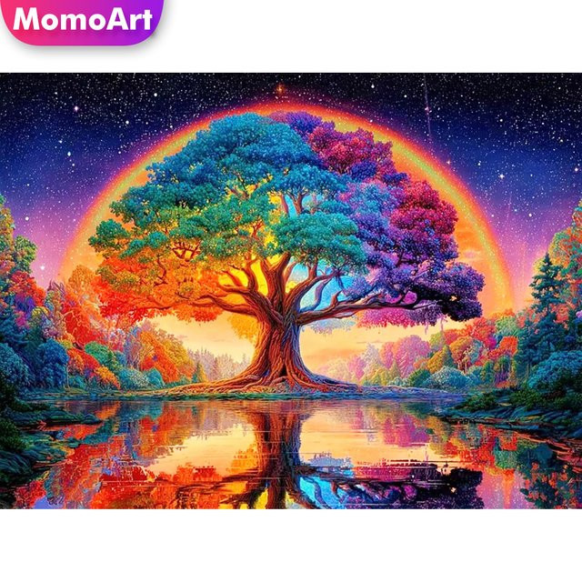 Momoart Diamantmalerei Abstrakte Landschaft mit Baum und Fluss, DIY Mosaik Set in Multicolour, B/H: 20 x 30 cm - Bild 1