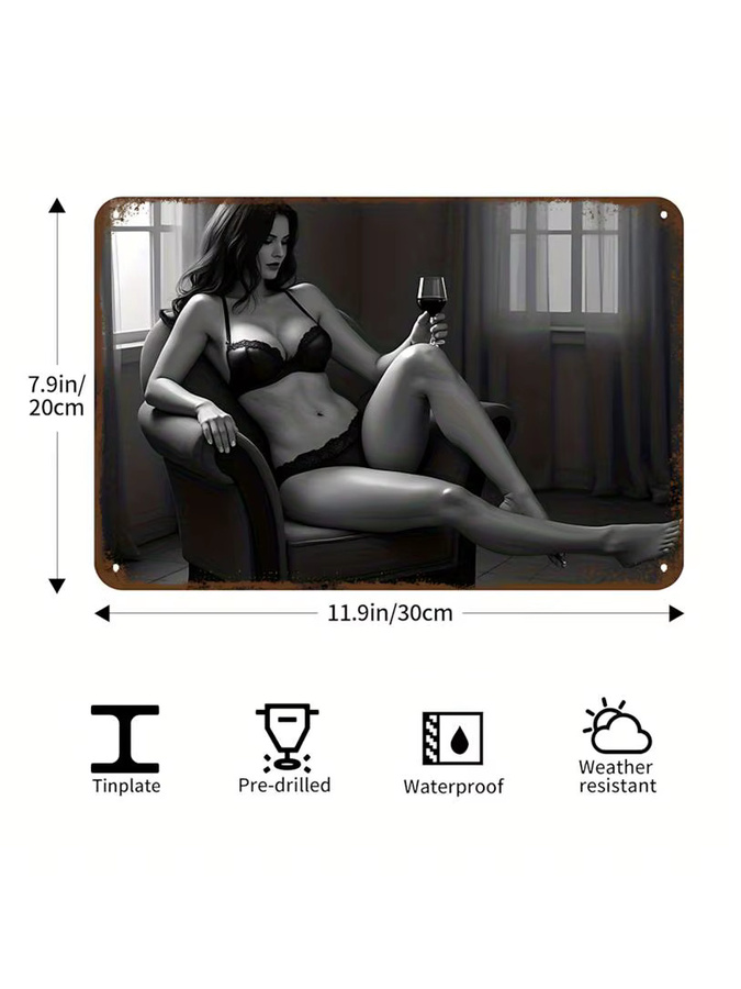 CIFBUY Retro Metall-Wandkunst Schwarz mit Dessous-Illustration und Weinglas als Deko-Blechschild für deine Bar - Bild 2