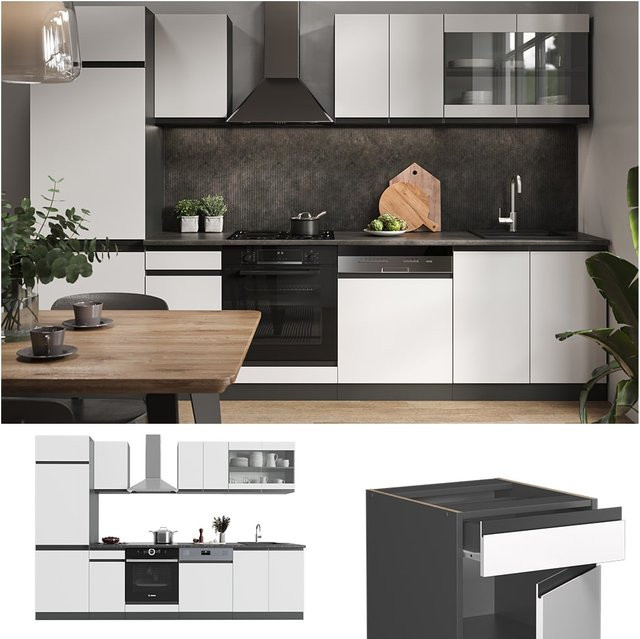 Vicco Küchenzeile R-Line J-Shape Einbauküche in Anthrazit und Weiß, Breite: 300 cm - Bild 1