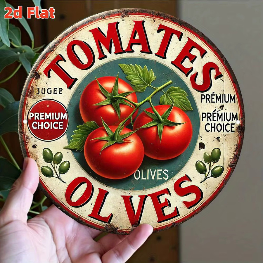 Potdemiel Wandkunstschild Tomaten und Oliven aus Metall im Vintage-Stil, runde mediterrane Küchendekoration in Rot und Grün, Durchmesser: 20 cm - Bild 2