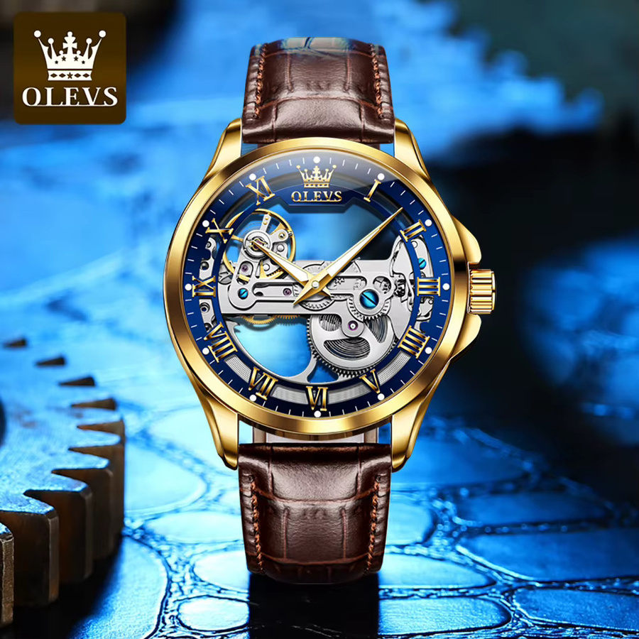 OLEVS Armbanduhr Automatik, Leder, Gold, Blau, Herren - Bild 2